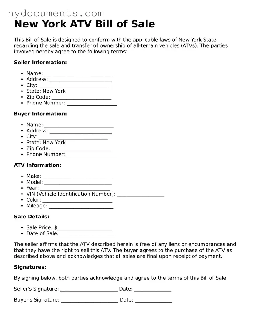 Valid  ATV Bill of Sale Template for New York