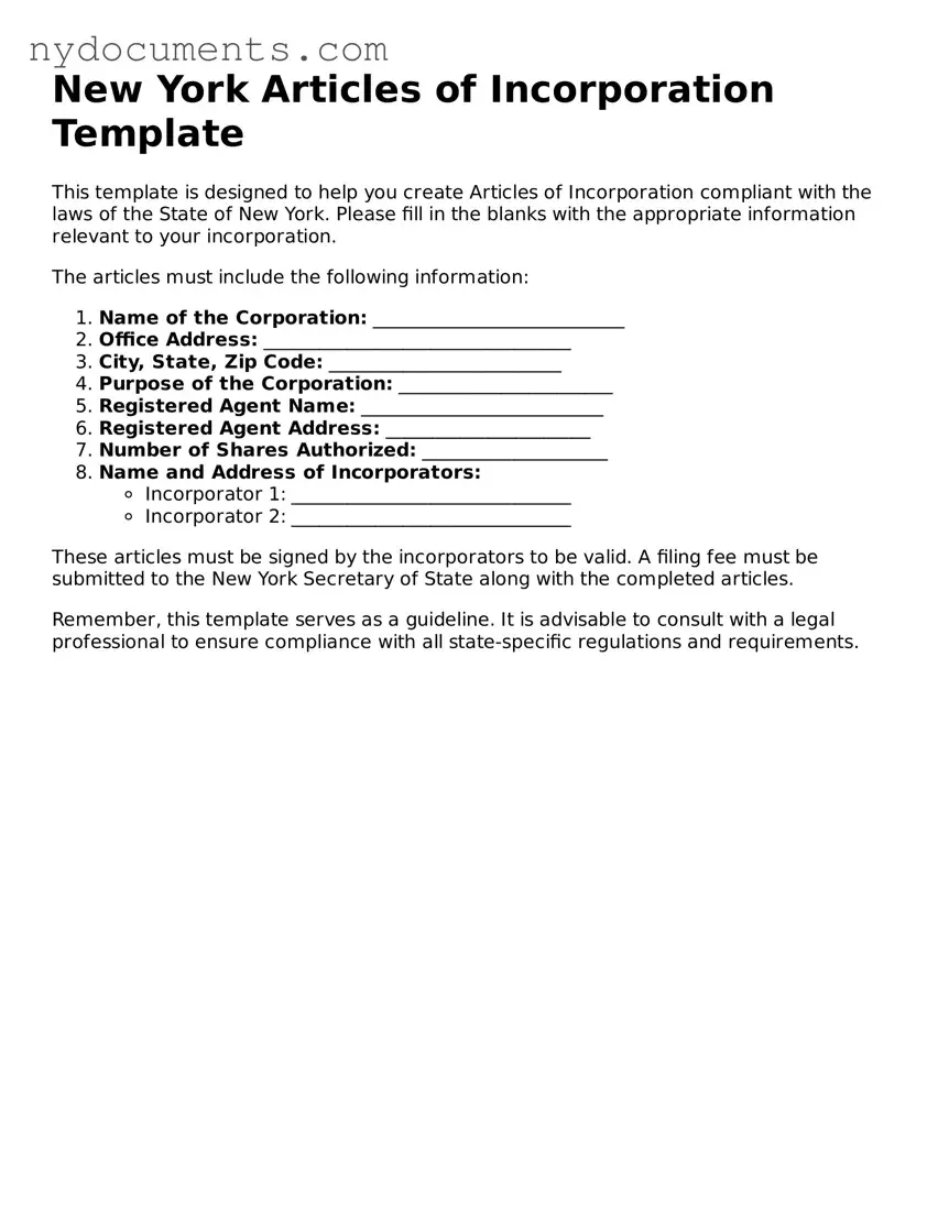 Valid  Articles of Incorporation Template for New York