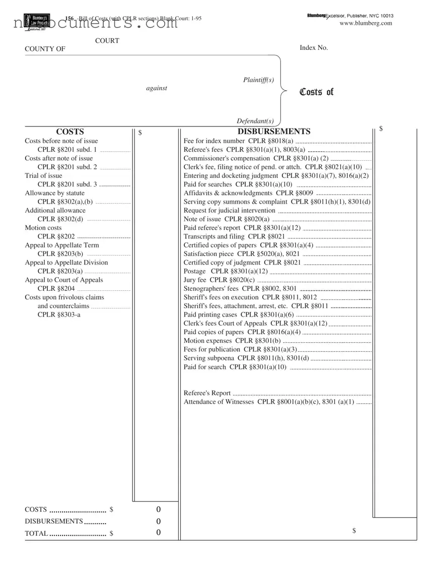 New York Bill Costs Template