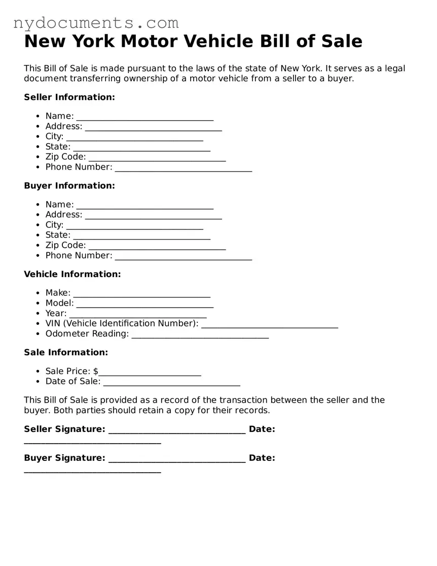 Valid  Motor Vehicle Bill of Sale Template for New York
