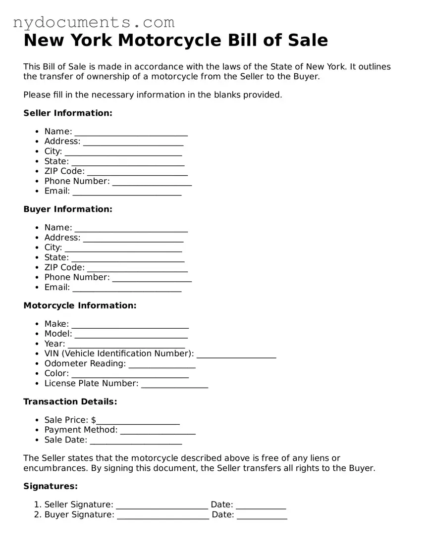 Valid  Motorcycle Bill of Sale Template for New York