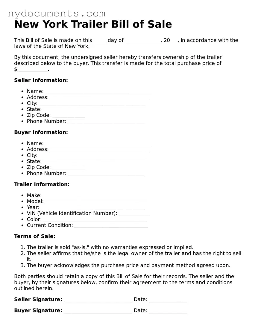 Valid  Trailer Bill of Sale Template for New York