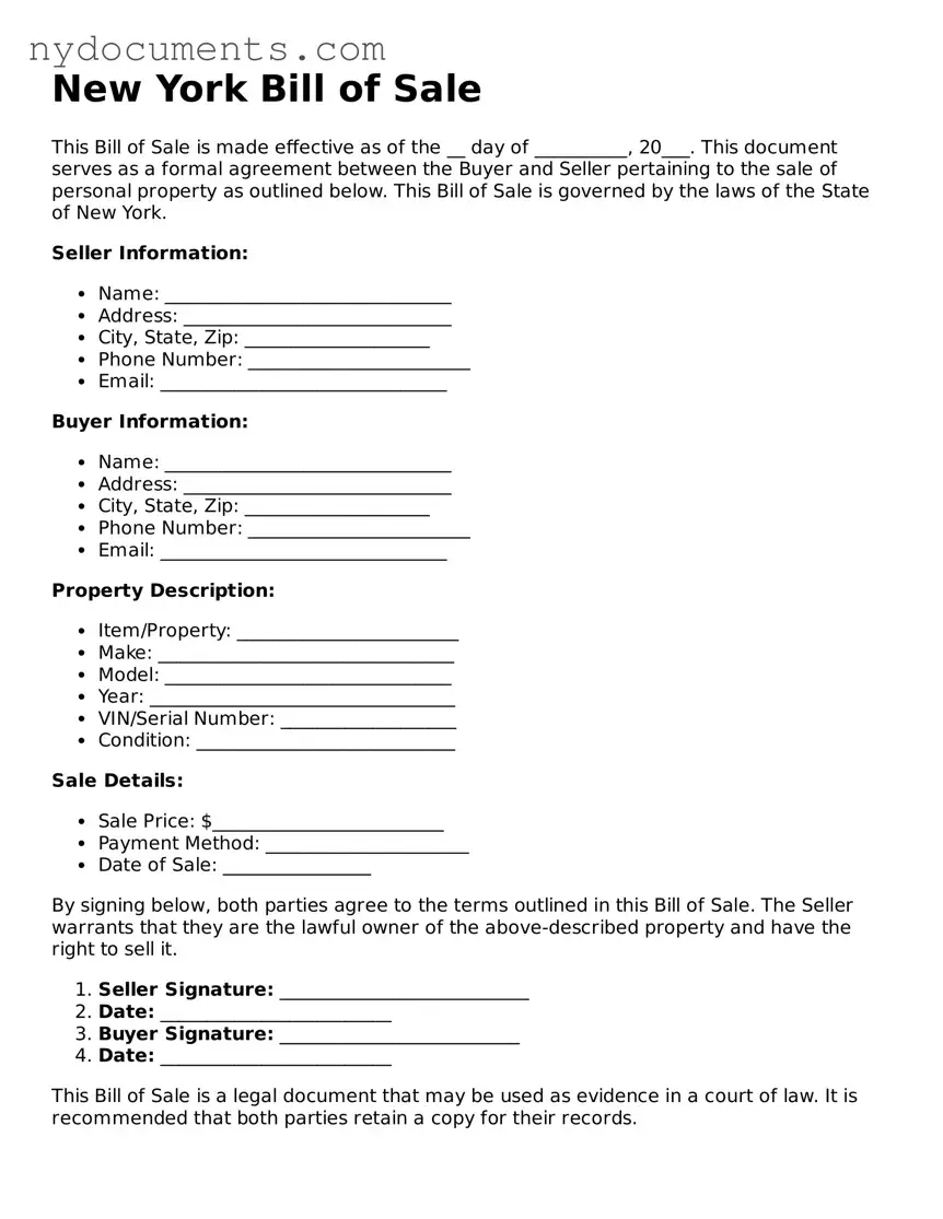 Valid  Bill of Sale Template for New York