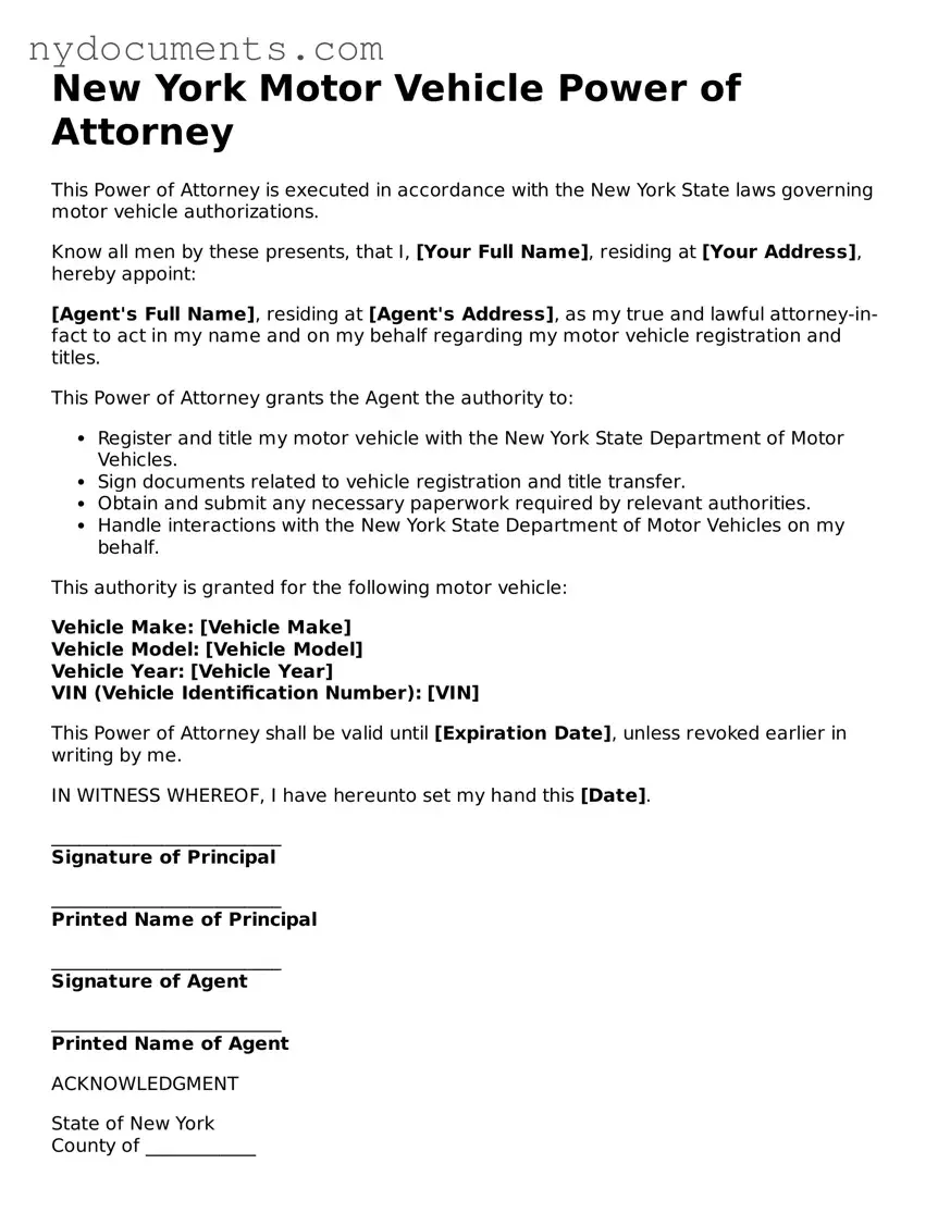 Valid  Motor Vehicle Power of Attorney Template for New York