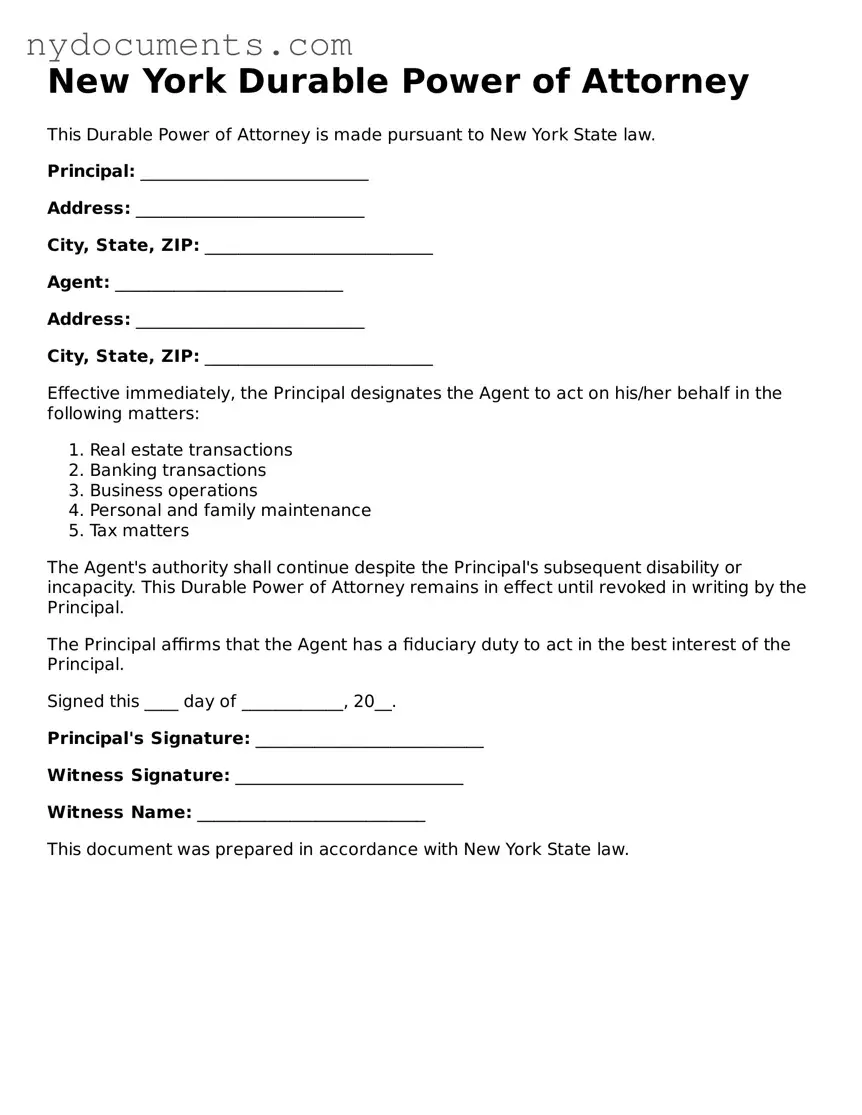 Valid  Durable Power of Attorney Template for New York