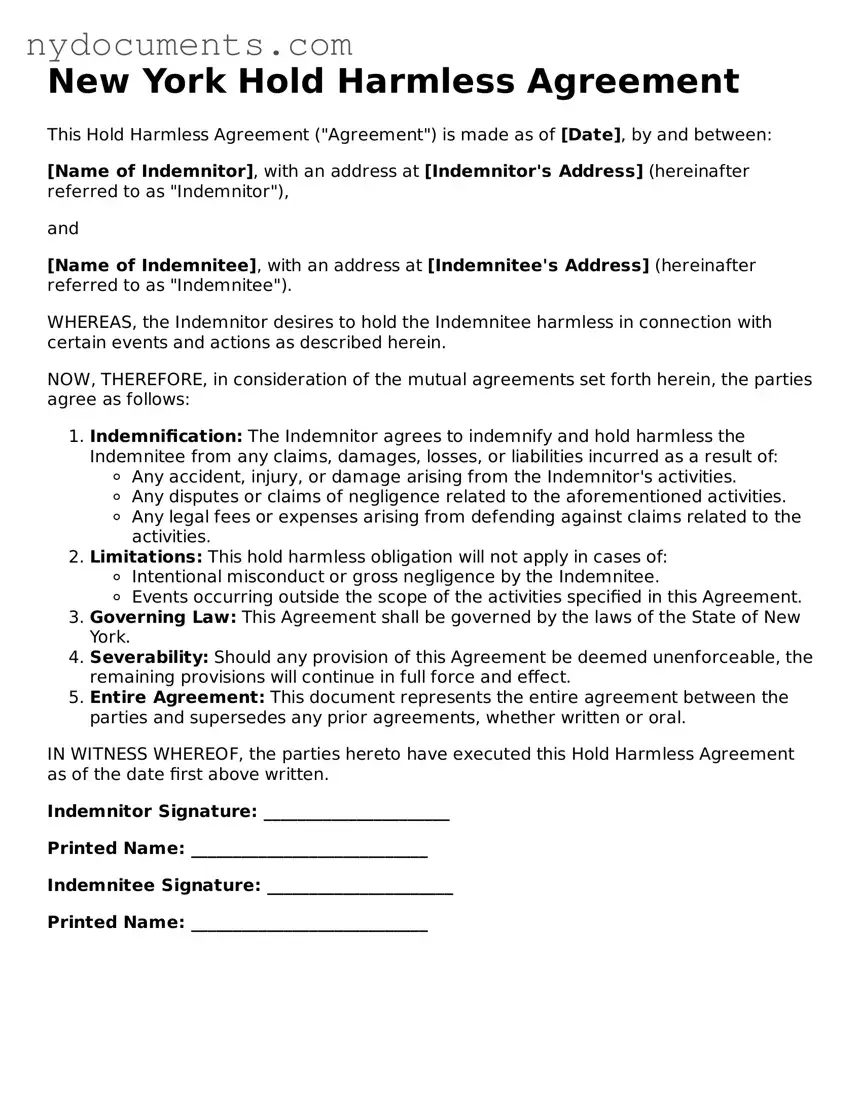 Valid  Hold Harmless Agreement Template for New York