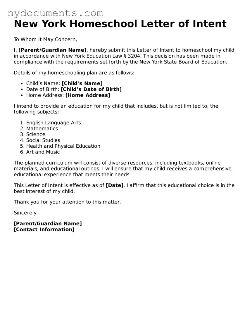 Valid  Homeschool Letter of Intent Template for New York