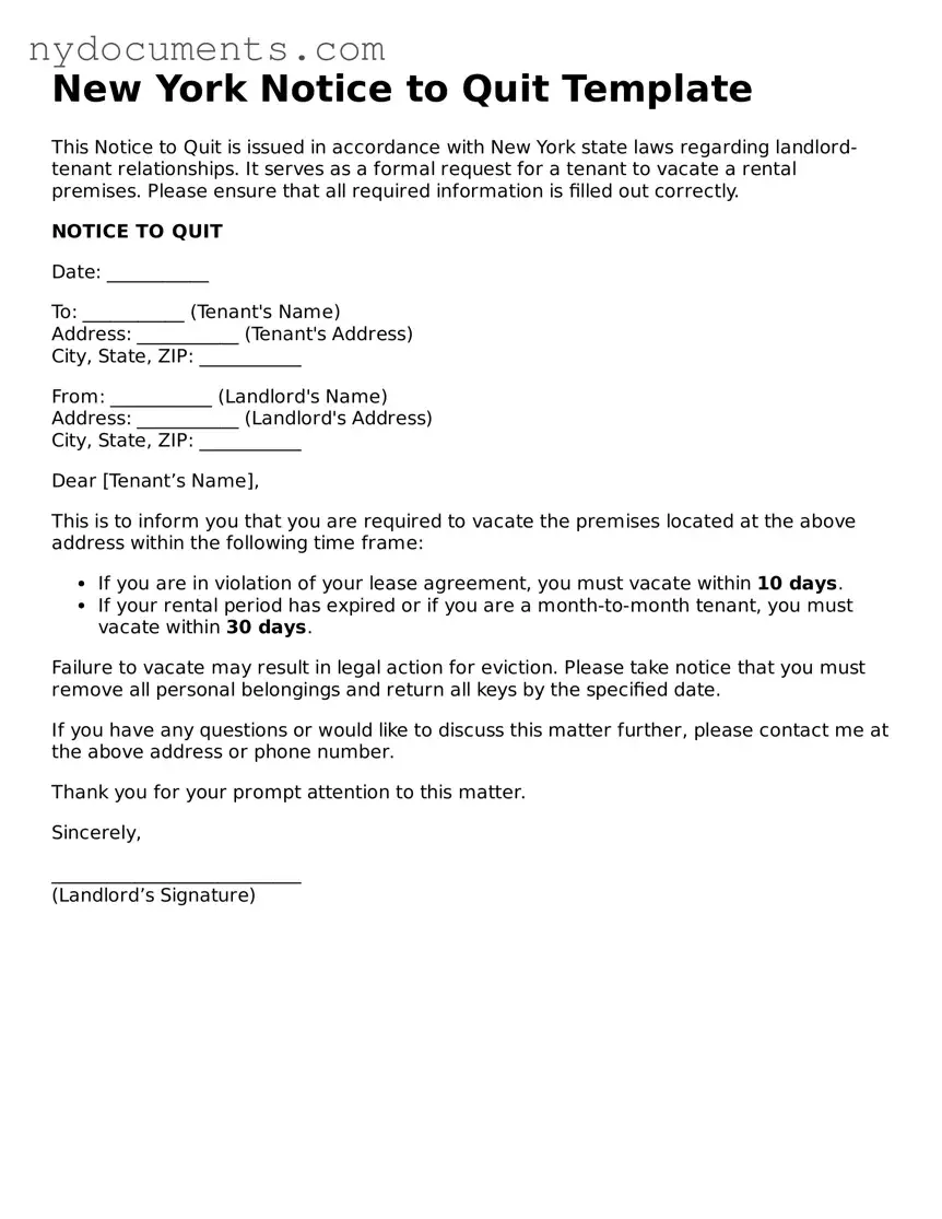 Valid  Notice to Quit Template for New York