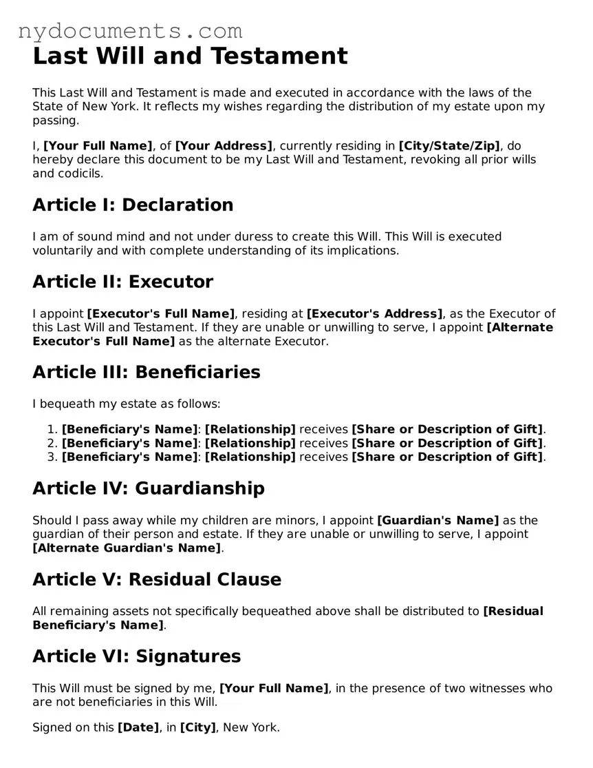 Valid  Last Will and Testament Template for New York