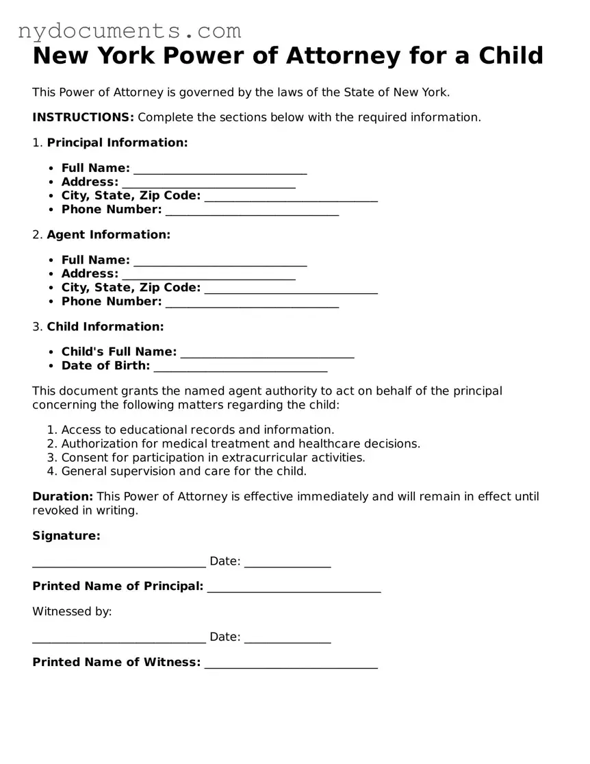 Valid  Power of Attorney for a Child Template for New York